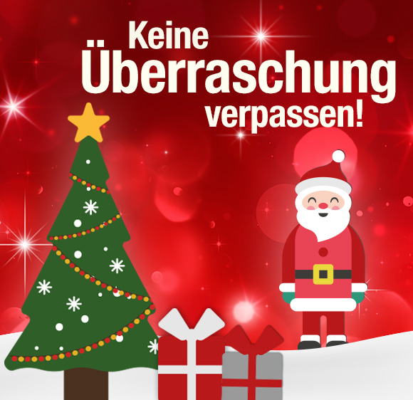 Newsletteranmeldung Collage aus einem Weihnachtsbaum, einem Weihnachtsmann und Geschenken!