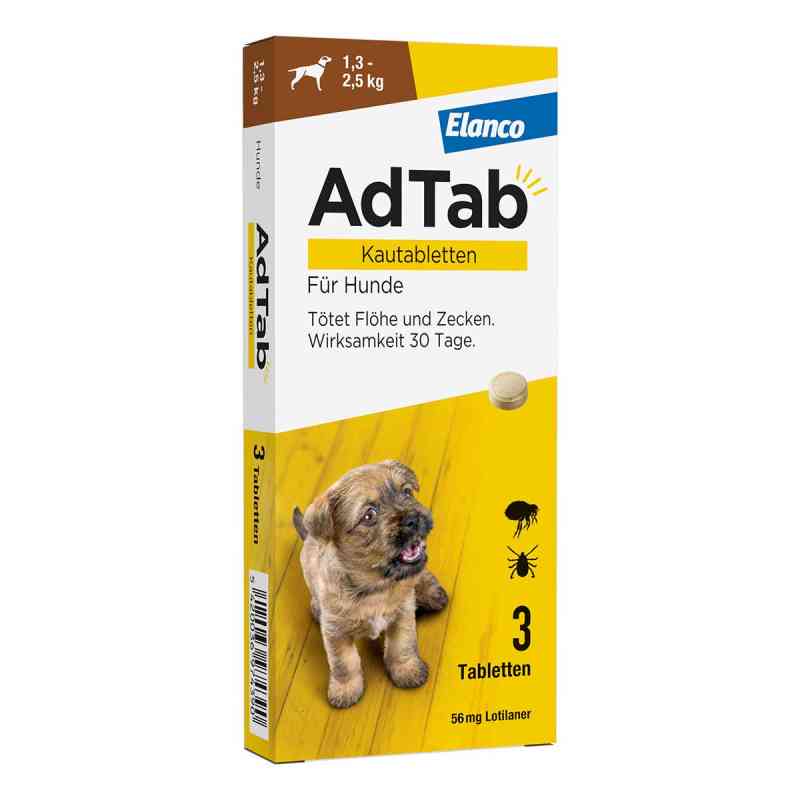 AdTab Hund 1,3 - 2,5 kg Kautablette gegen Zecken und Flöhe 3 stk von Elanco Deutschland GmbH PZN 18752634