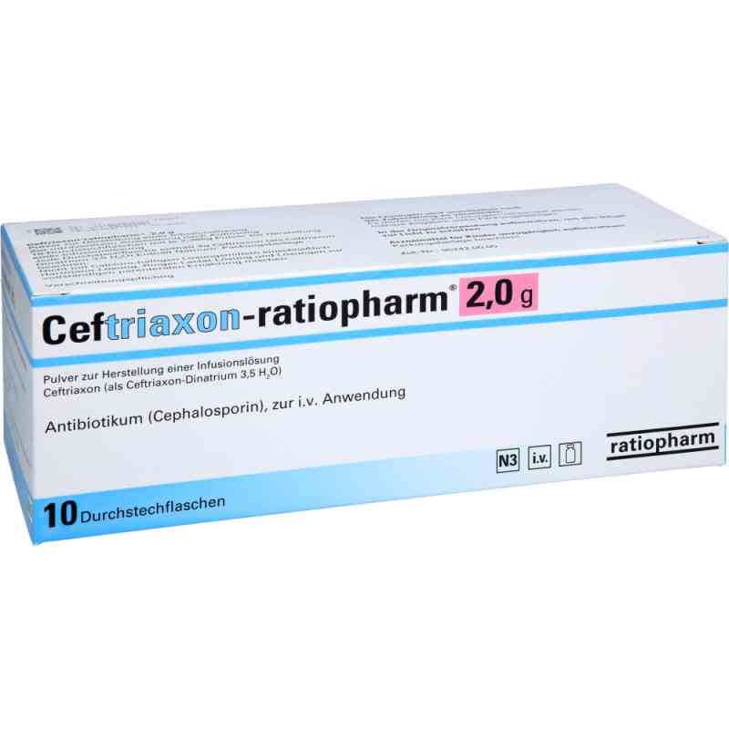 Ceftriaxon ratiopharm 2,0 g Plv.z.h.e.infus.-lsg. 10 stk von BB FARMA S.R.L. PZN 12428074