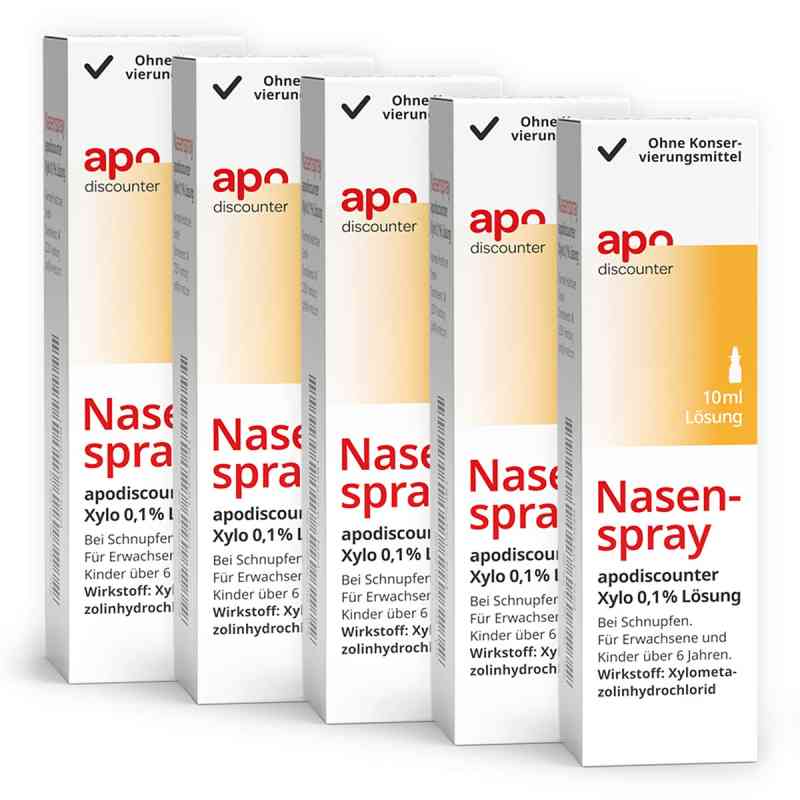 Nasenspray mit Xylometazolin 0,1 % von apodiscounter 5x10 ml von Fairmed Healthcare GmbH PZN 08104038