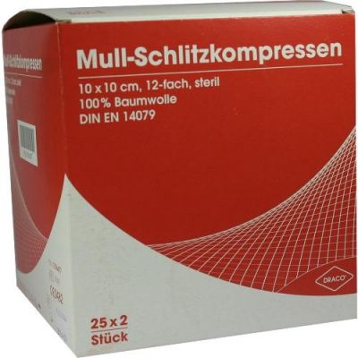 Schlitzkompressen Mull 10x10cm 12fach steril 25X2 stk von Dr. Ausbüttel GmbH & Co. KG PZN 07574477