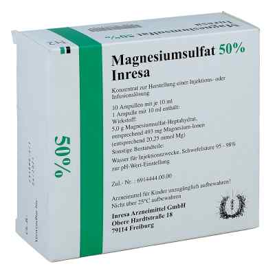 Magnesiumsulfat 50% Inresa Infusionslsg.-konz. 10X10 ml von Inresa Arzneimittel GmbH PZN 06417439