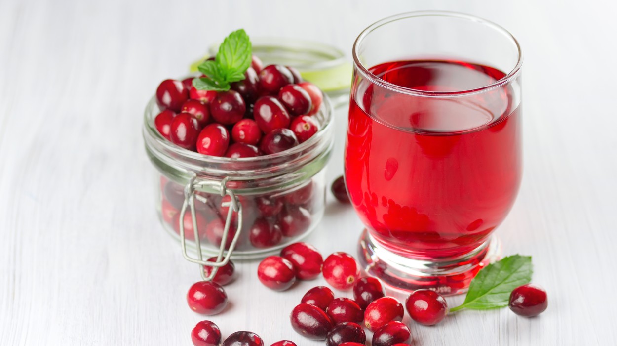 Glas mit Cranberrysaft und frische Cranberries als Hausmittel bei Blasenentzündung